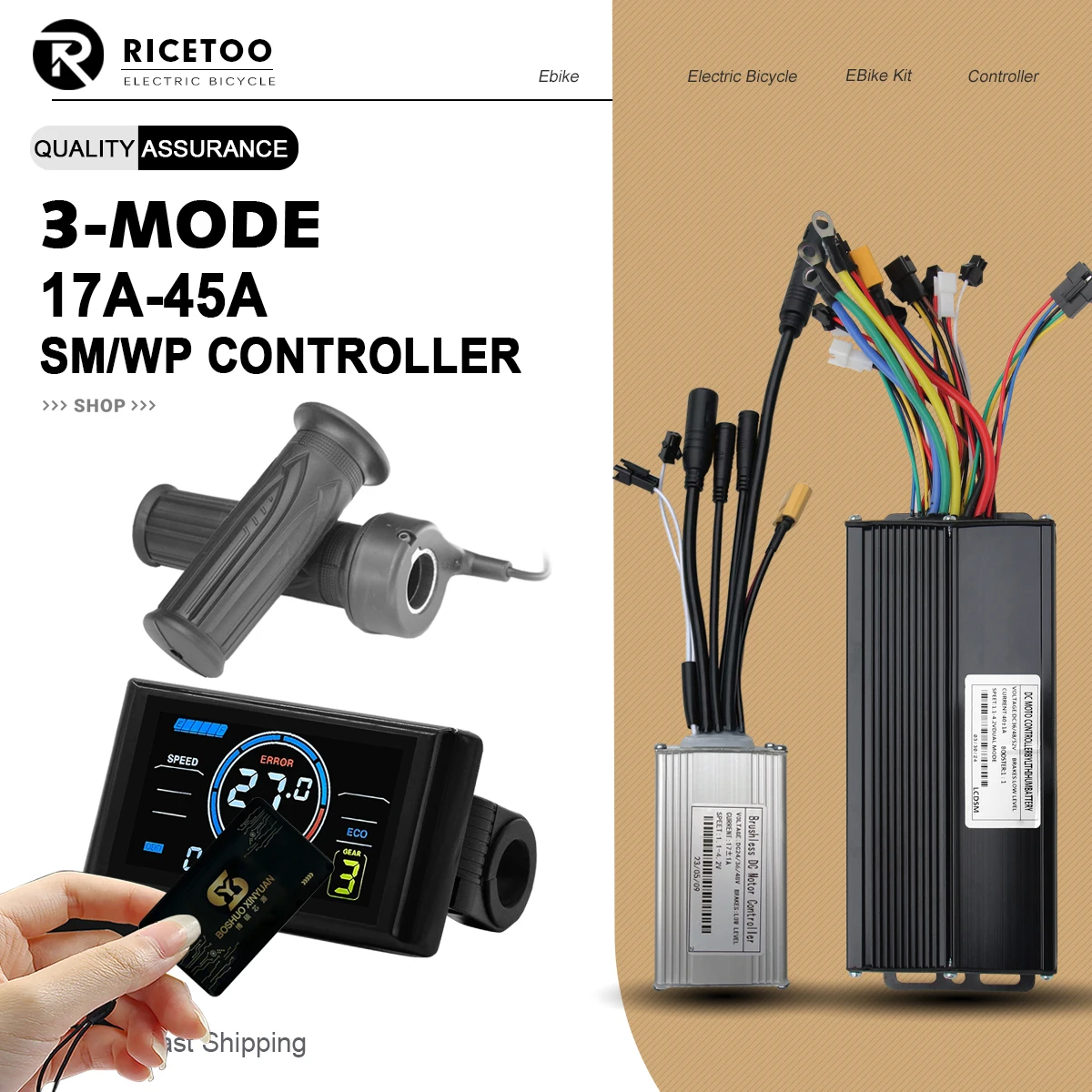 Contrôleur de vélo électrique 250W-2000W 17A-45A, contrôleur à onde sinusoïdale 3 modes, affichage LCD, contrôleur de moteur sans balais NFC S966