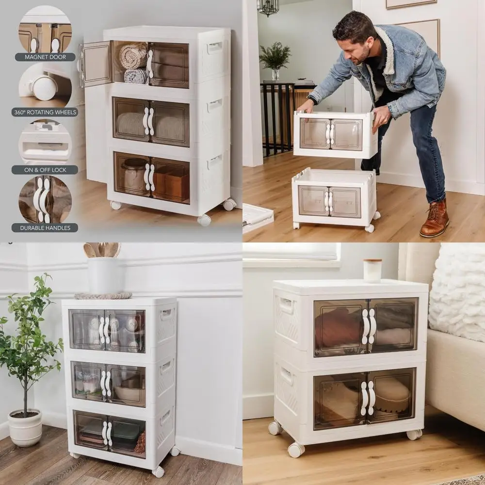 

Складные пластиковые контейнеры для хранения объемом 26 кварт с крышками и колесами - 2-уровневый органайзер для универсальных стеллажей и магнитной фиксации