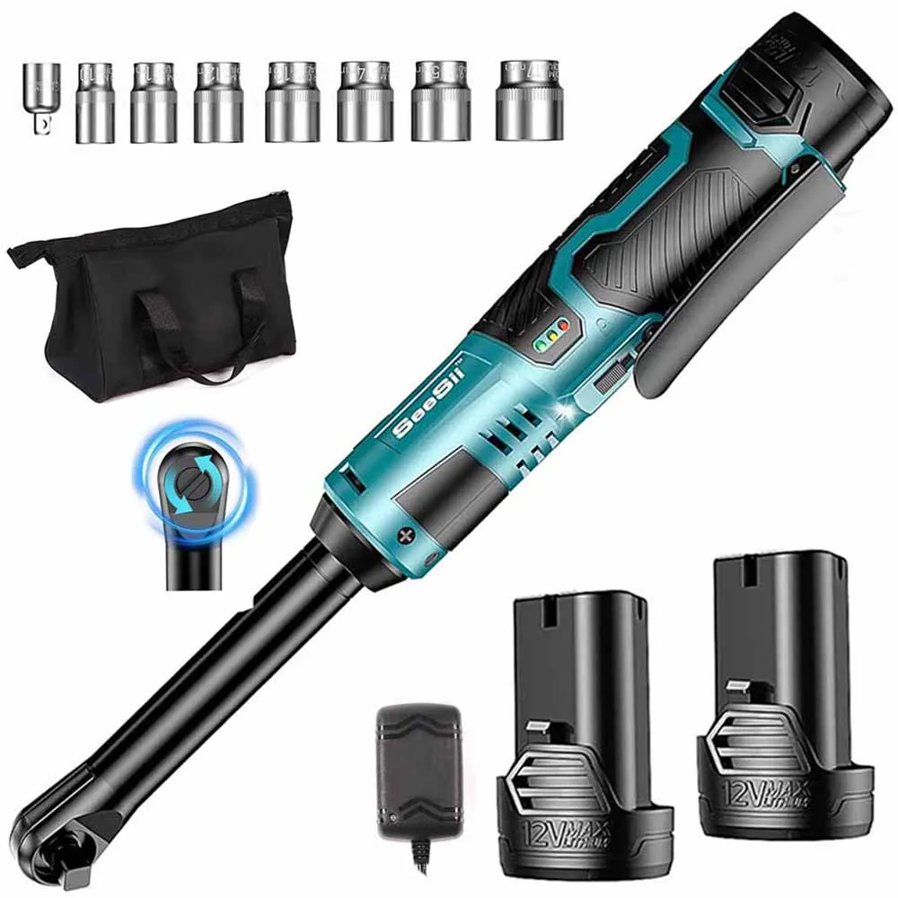 

Seesii 3/8'' 55Nm Cordless Electric Wrench 6'' Extended Ratchet Wrench Electric Angle Wrench Driver Auto Repair Tools Set 12V