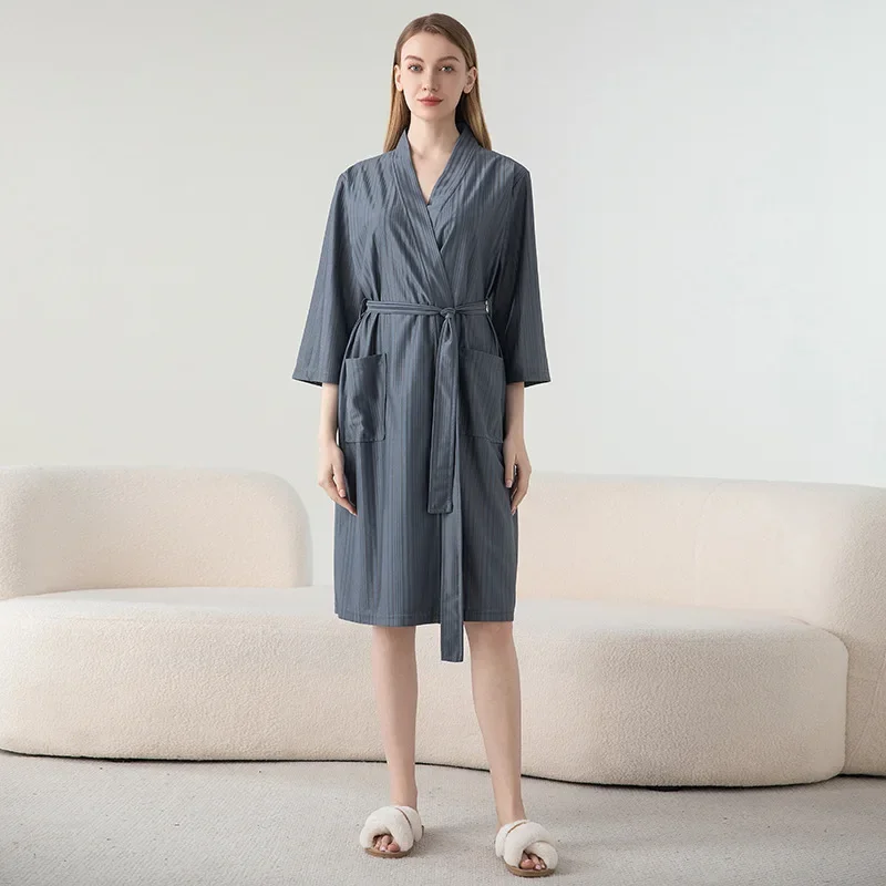 

Summer Waffle Transparent Bathrobe Women Thin Robe Shower Plaid Dressing Gown Knee Length Breathable Nightgown Home Cloth