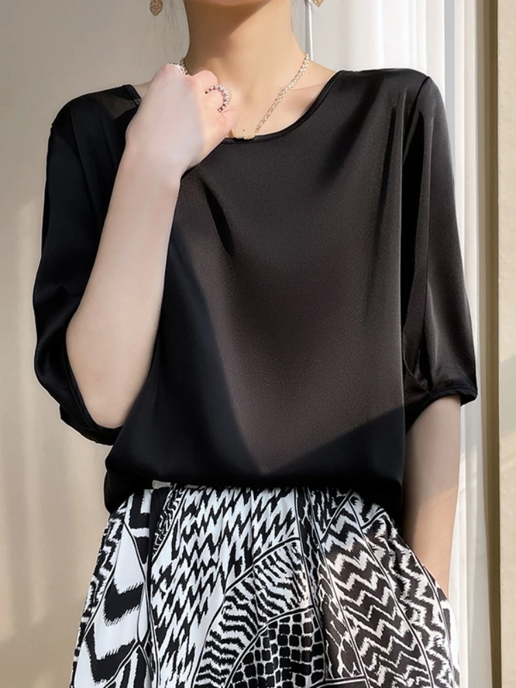 New in 2024 Summer Woman Silk Blouse Elegant T-shirt Simple Satin Office SmoothTops Aestetic Mujer Round Neck Oversized Clothing