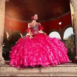 Organza Charro Quinceanera Dresses Ball Gown Off The Shoulder Appliques Beaded Puffy Mexican Sweet 16 Dresses 15 Anos Customized