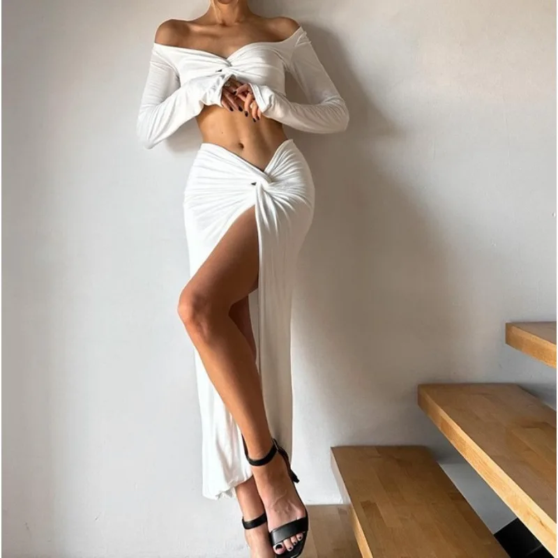 

Long Sleeve V-Neck Suit Spring 2026 Amazon Women's New Sexy Tight High Waist Slit Skirt Two-Piece Set