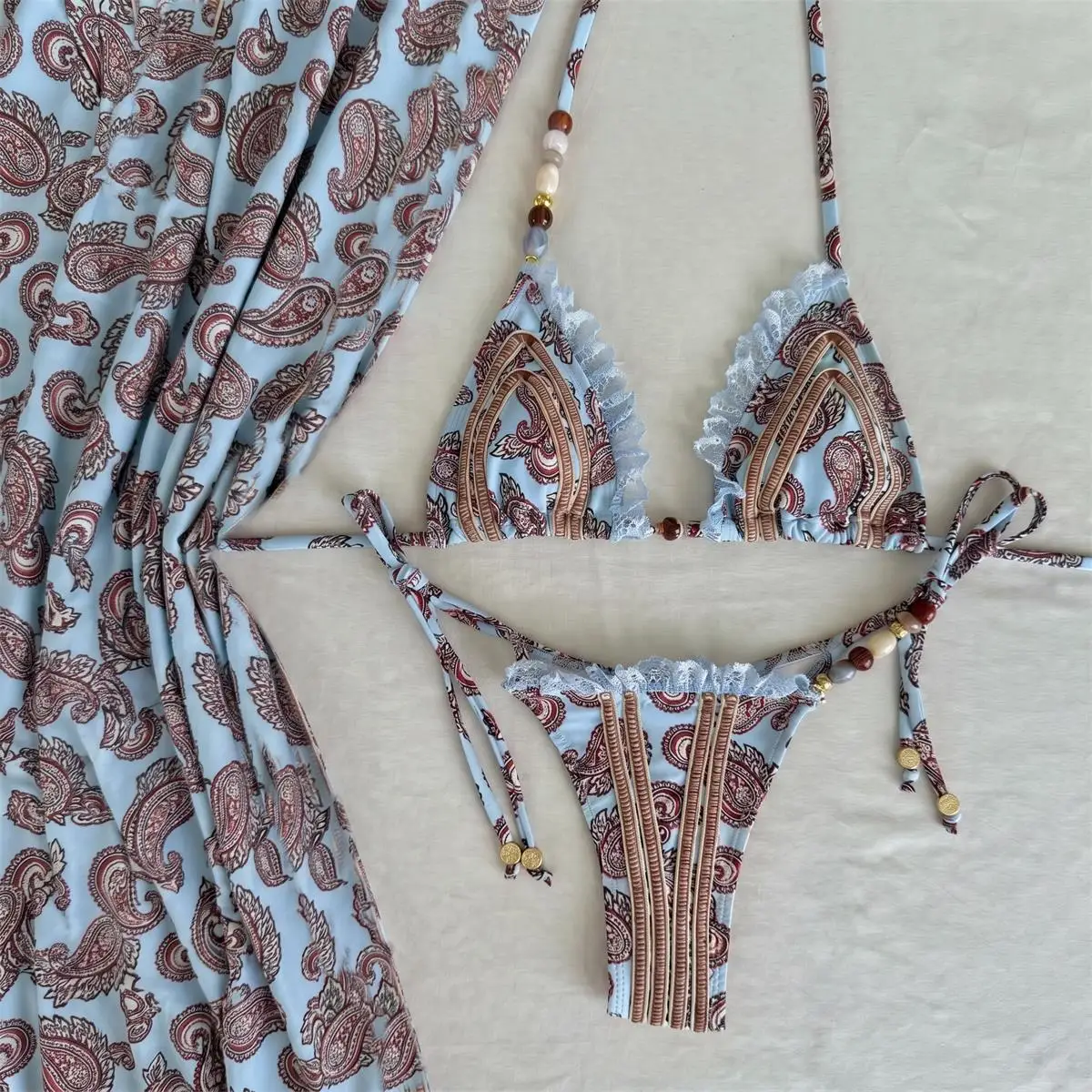 3Pcs Micro Bikini Set 2026 Sexy Women Swimsuit Female Push Up Swimwear Beads Bikini Bandeau Biquini Print Bathing Suit Beachwear
