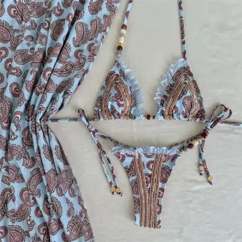 3Pcs Micro Bikini Set 2026 Sexy Women Swimsuit Female Push Up Swimwear Beads Bikini Bandeau Biquini Print Bathing Suit Beachwear