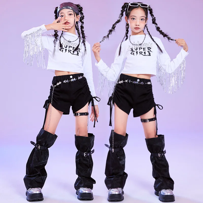 Kid Hip Hop Clothing White Fringe Crop Top Long Sleeve T Shirt Black Ruched Drawstring Shorts for Girls Dance Costumes Clothes