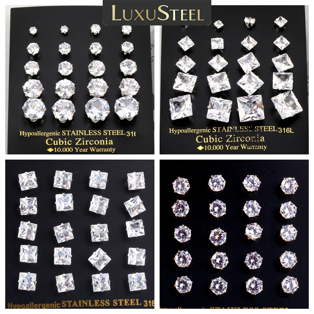 LUXUSTEEL 10pairs 3mm-10mm Round Crystal Stud Earring For Women Men Stainless Steel Square Cubic Zirconia Wholesale Jewelry Gift