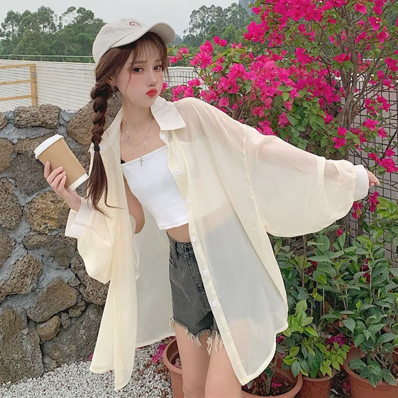 Women Sun Protection Shirts Summer Thin Buttons Up Turndown Collar Chiffon Blouse Woman Outdoor Vacation Beach Sunscreen Shirt