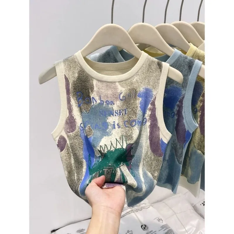 

Tops Women's Summer Spaghetti Strap Tank Top Graffiti Print Sleeveless Korean Style Fit Layering Piece Cropped Length Round Neck