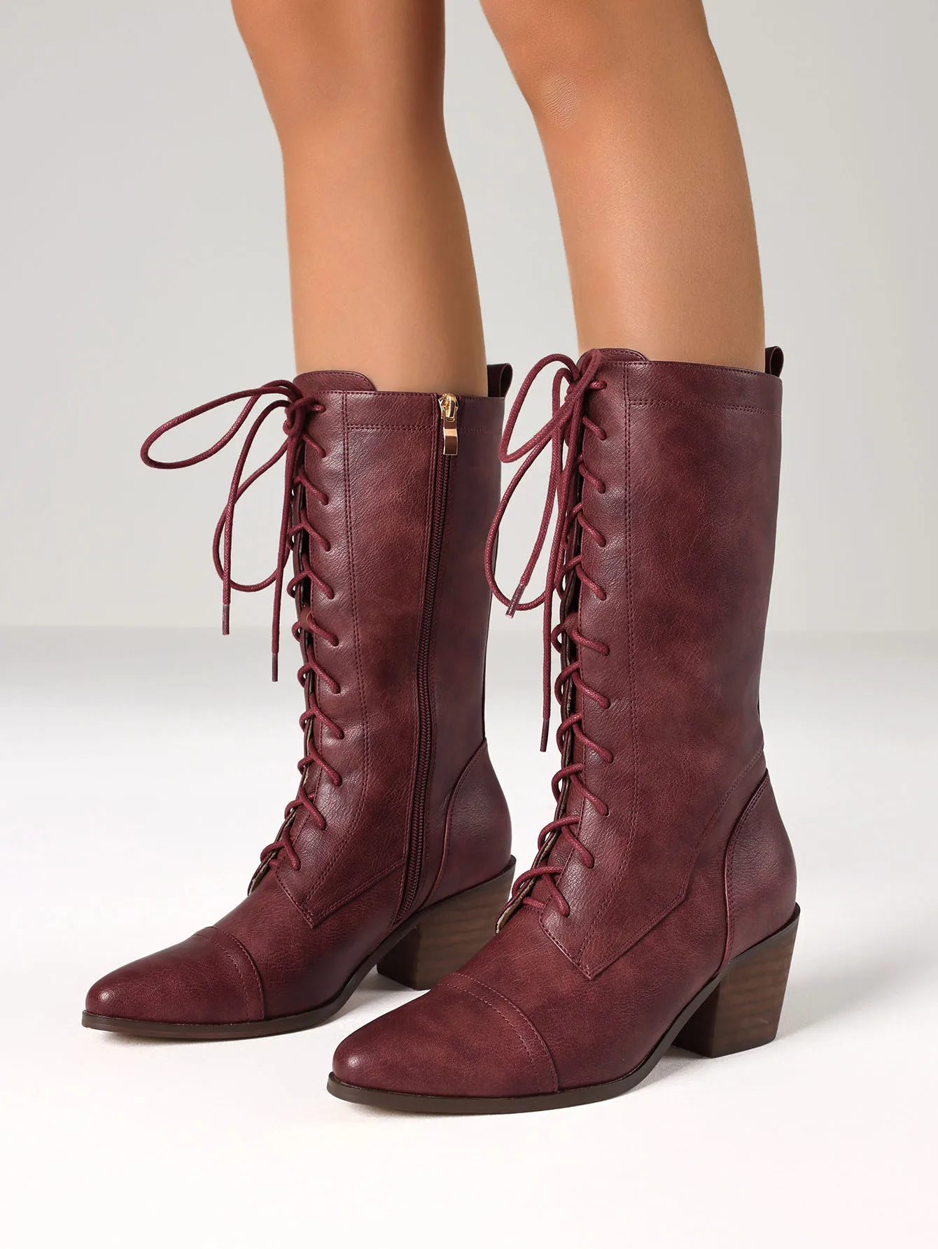 المرأة ريترو أشار تو الأحذية كتلة الموضة حذاء بكعب سميك الجانب سستة الدانتيل متابعة فستان الحفلات عادية الخريف خمر منتصف العجل الأحذية Wo