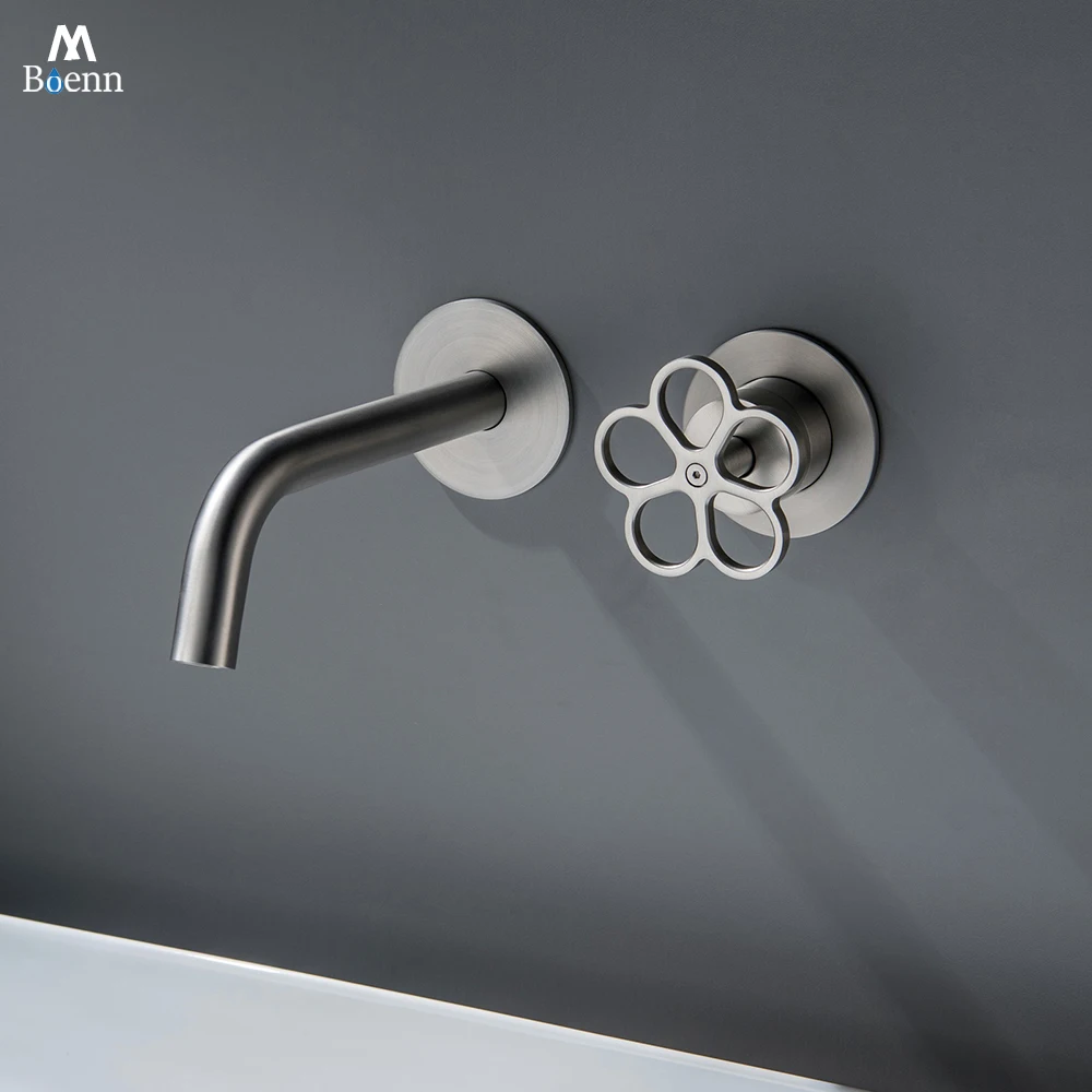 

M Boenn Bathroom Faucet Wall-Mounted Concealed Washbasin Mixer Brushed Nickel Hot Cold Basin Faucets Gray Simple Basin Tap Brass