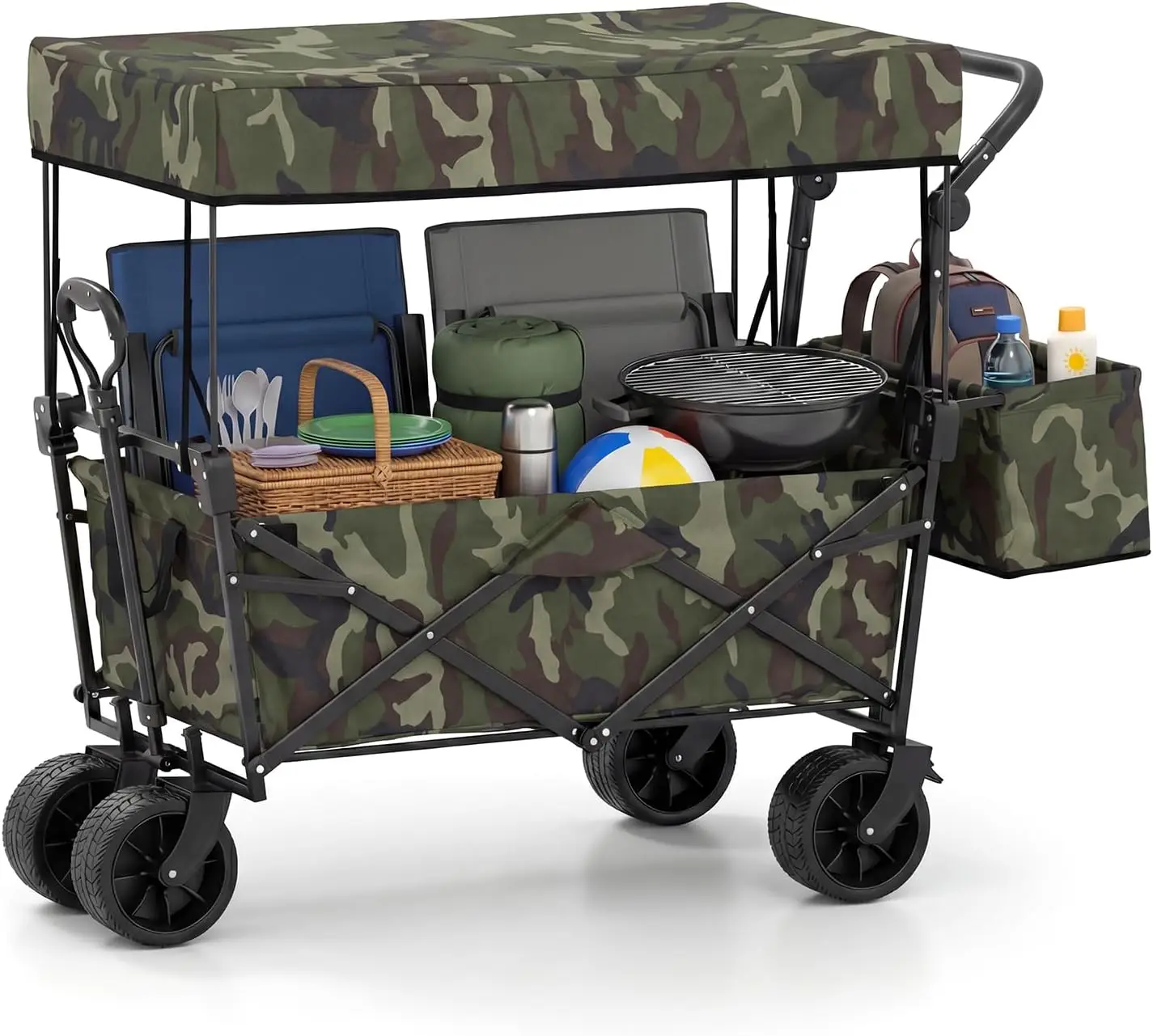 Collapsible Wagon w/Canopy, Folding Garden Cart w/Adjustable Handles, Detachable Storage Bag & Big Wheels, Heavy Duty Outdoor Ut