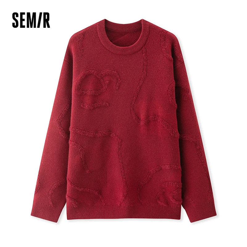 Semir Sweater Men New Year Red Sweater Textured Jacquard 2025 Spring New Arctic Velvet Knitted Sweater for Couples