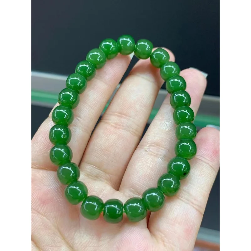 Hetian Female Male-8mm Spinach Green Old-Styled Bead Beaded Jade Loose Beads Bracelet