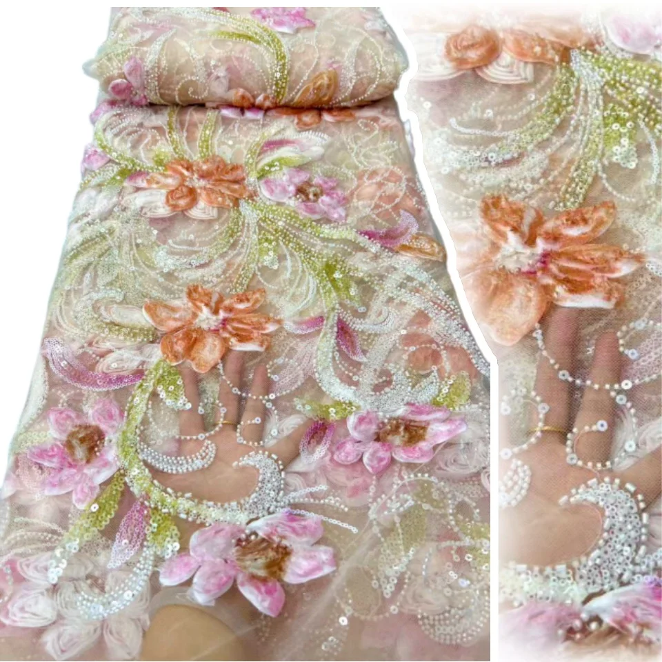 

Бусины ручной работы с 3D вышивкой перьями, французское кружево с блестками, высококачественная африканская нигерийская ткань для вечернего свадебного платья 5Y SZ1459