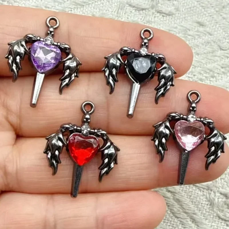 4Pcs Colorful Heart Wing Alloy Pendants, Gothic Style Winged Heart Charms for Handmade Earring Keychain Craft Supplies