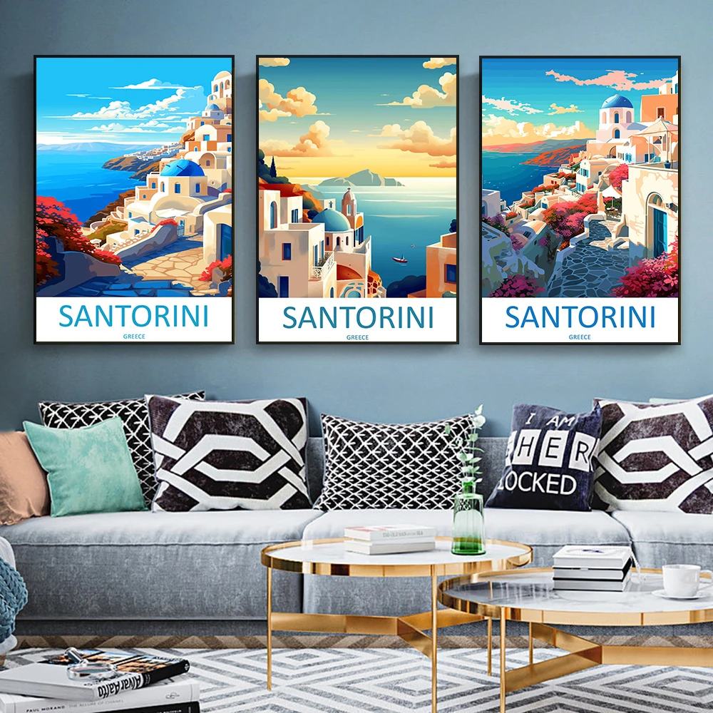 Santorini Greek Thera Poster Abstract Santorini Travel Canvas Painting Colorful Aegean Sea Landscape Art Prints Home Room Decor