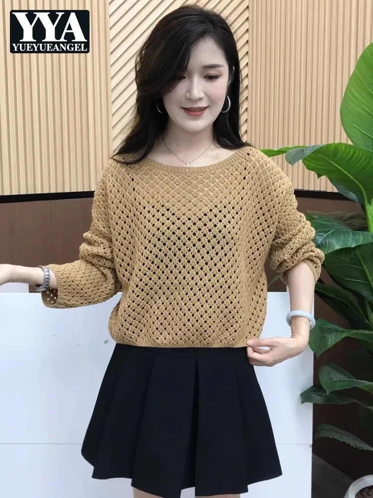 

Осенний новый свободный крой, ажурный женский вязаный пуловер, джемперы с длинными рукавами и круглым вырезом, модная вязаная верхняя одежда, тонкий трикотаж, горячая распродажа