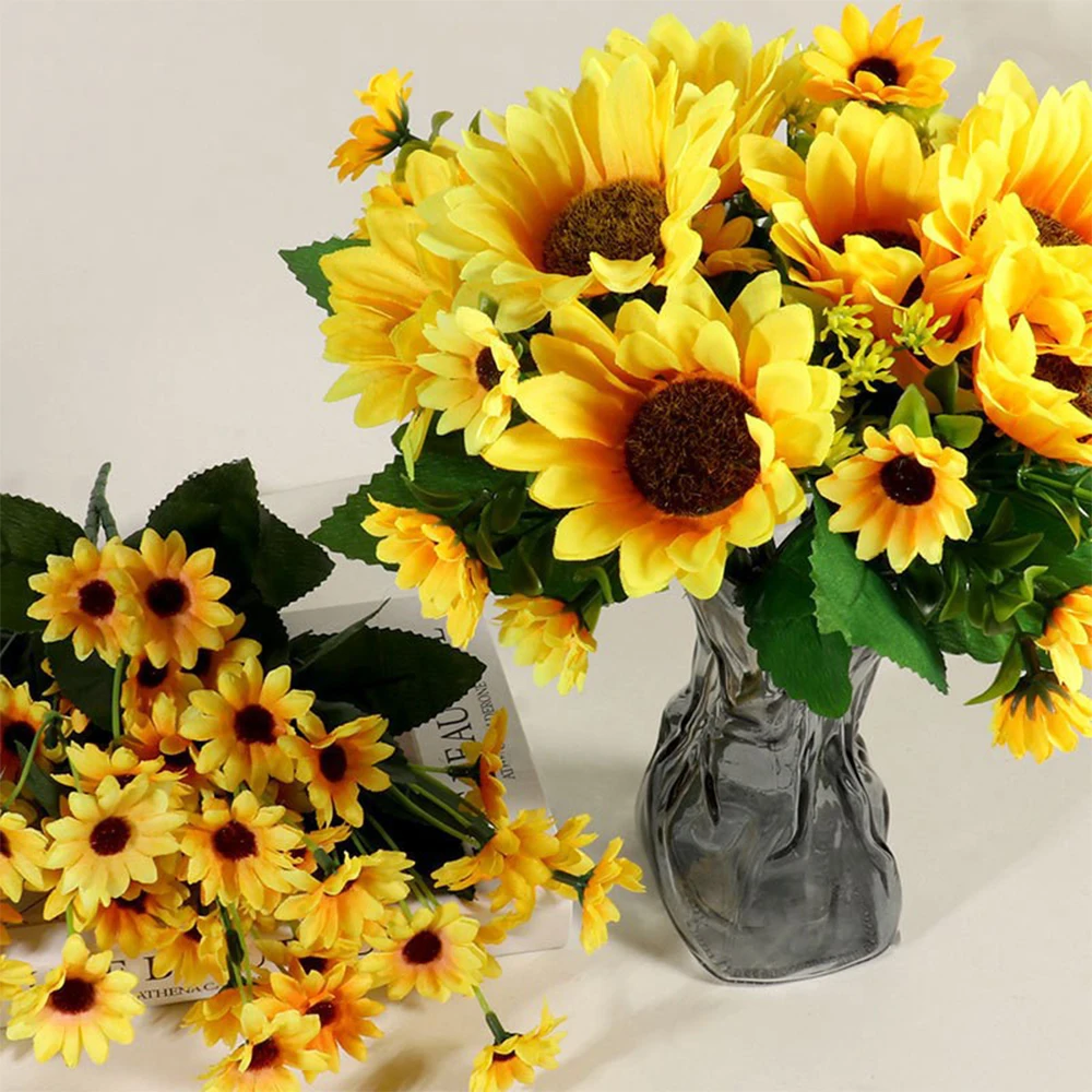 1 Bunch Sunflower Artificial Flowers Bouquet Outdoor Garden Autumn Home Floral Arrangement Wedding Cafe Store Party Decoration view 3