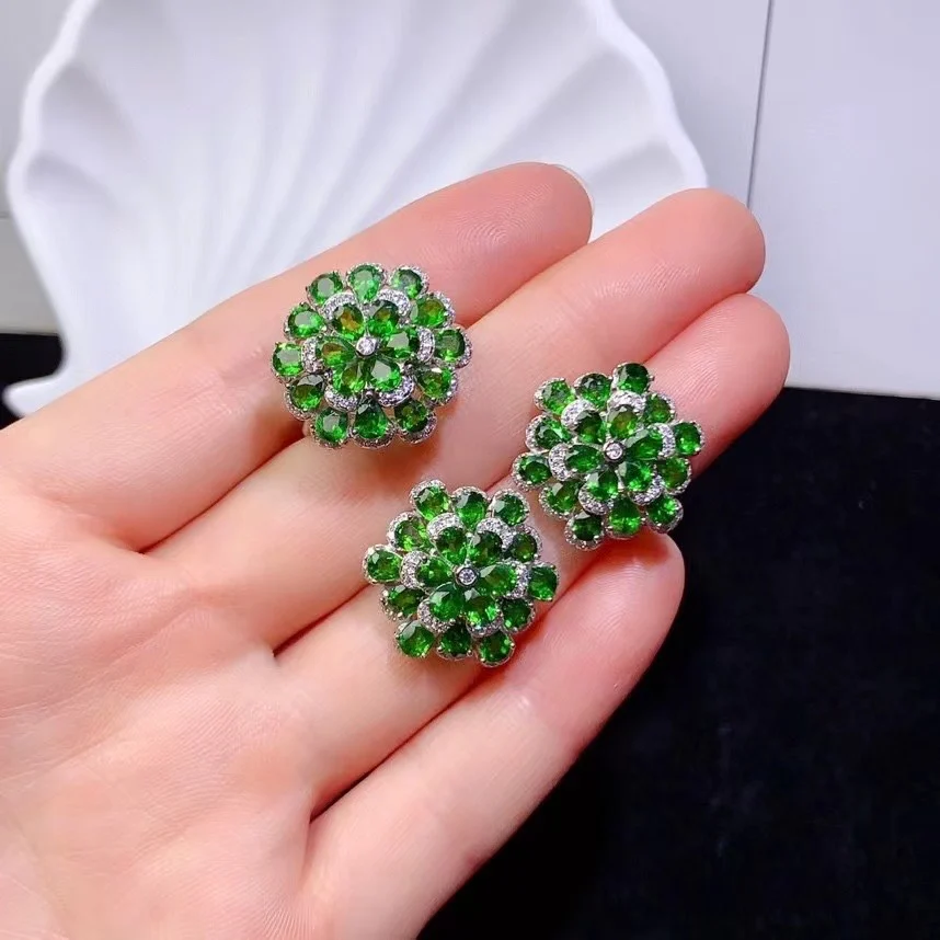 

Набор украшений из натурального диопсида с 3D цветочным французским романтическим рисунком, стерлинговое серебро 925 пробы, тяжелое ремесло