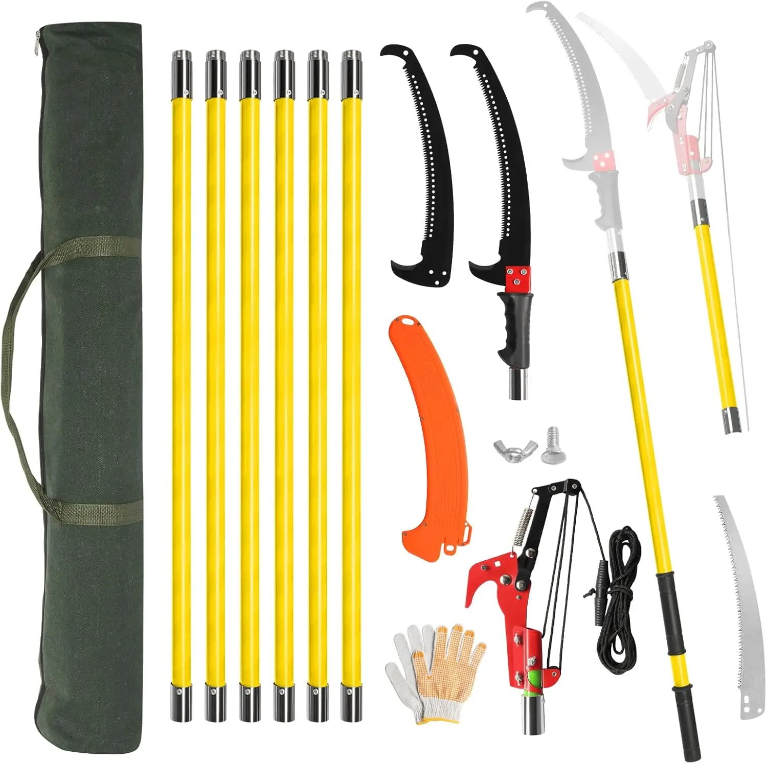 Manual Pole Saw,26 Feet Extendable Tree Pruner with Knives and Storage Pocket,Sharp Steel Blade, Scissors High Branches Trimming