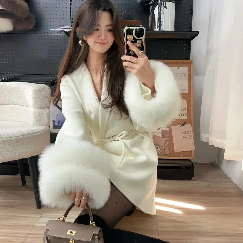 OFTBUY Real Fur Jacket Women Patchwork Fashion Furry Bandage Outwear Clothing Long Sleeve Spring Autumn Temperament Wool Coat