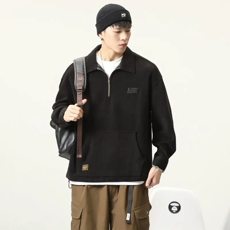 Men's Vintage Heavyweight Long Sleeve Polo Shirt Loose Fit Collar Sweatshirt Plus Size Casual Fall Tops
