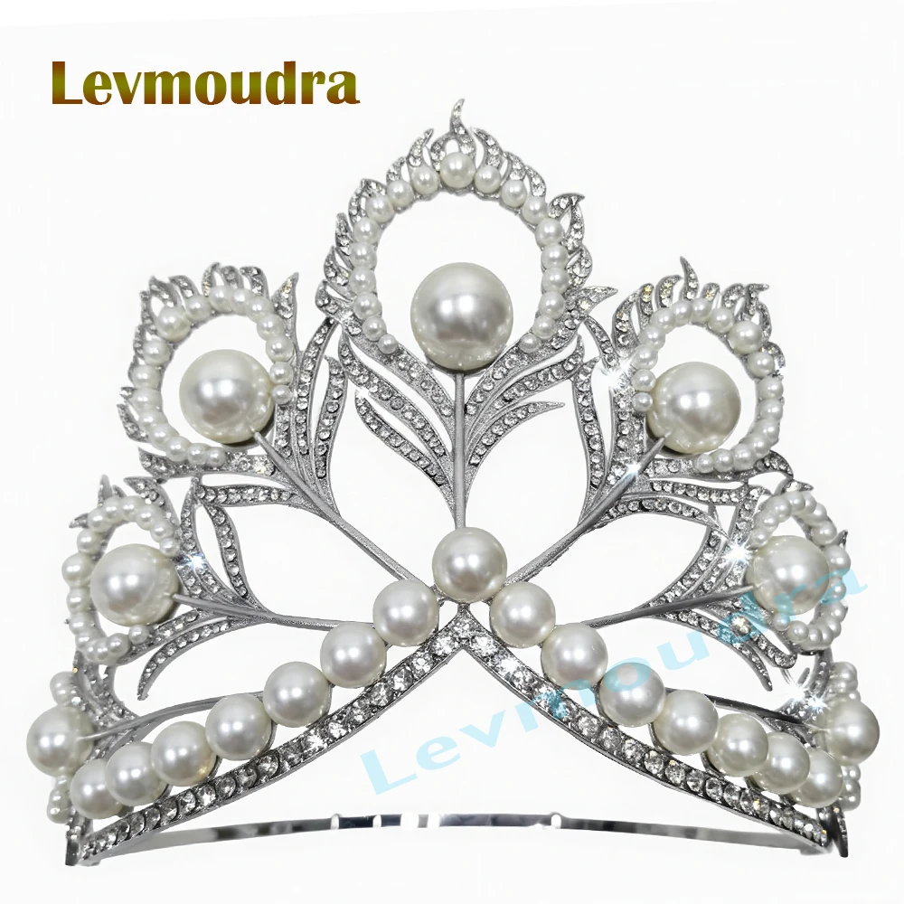 

Levmoudra Large Pageant Crown White Pearls Rhinestone Miss Universe Mikimoto Crown Replica Hair Accessories