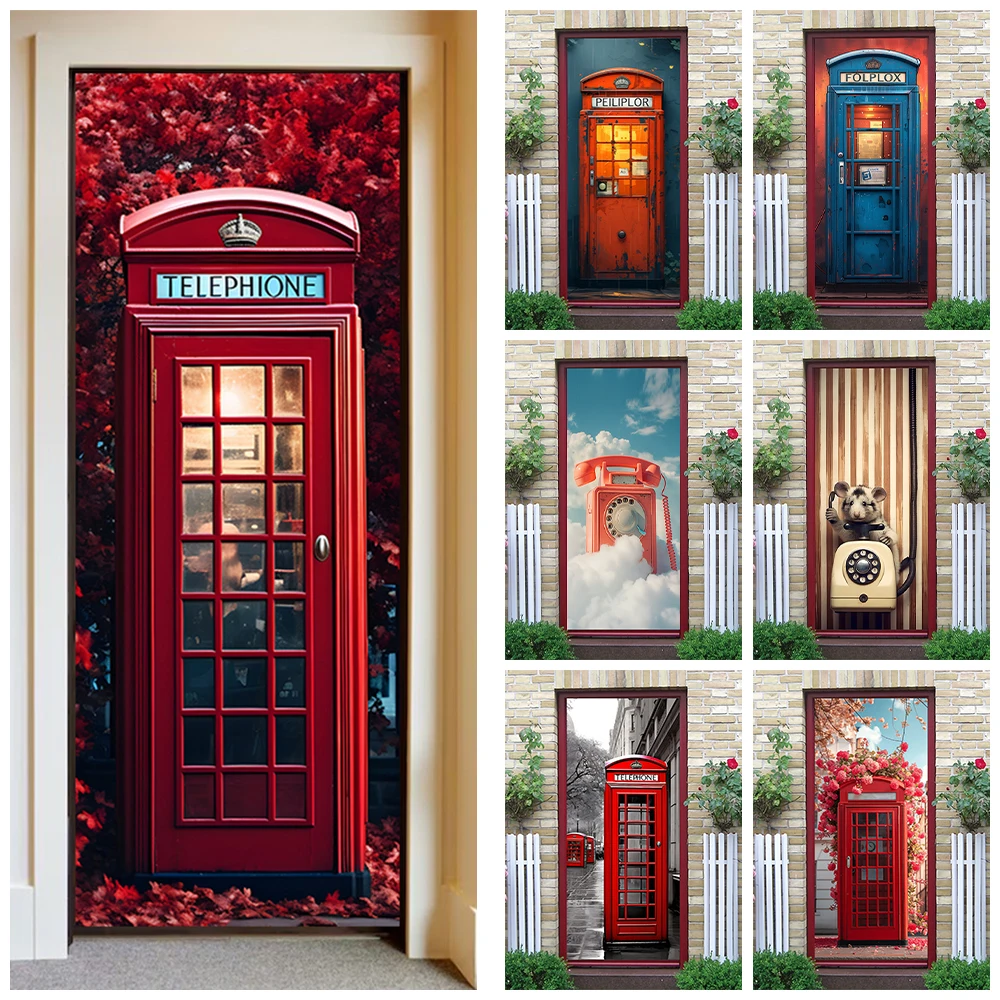 

British Telephone Booth Pattern Door Art Sticker Home Decoration 3D Removable Phone Booth Mural Bedroom Entrance Door Wallpaper