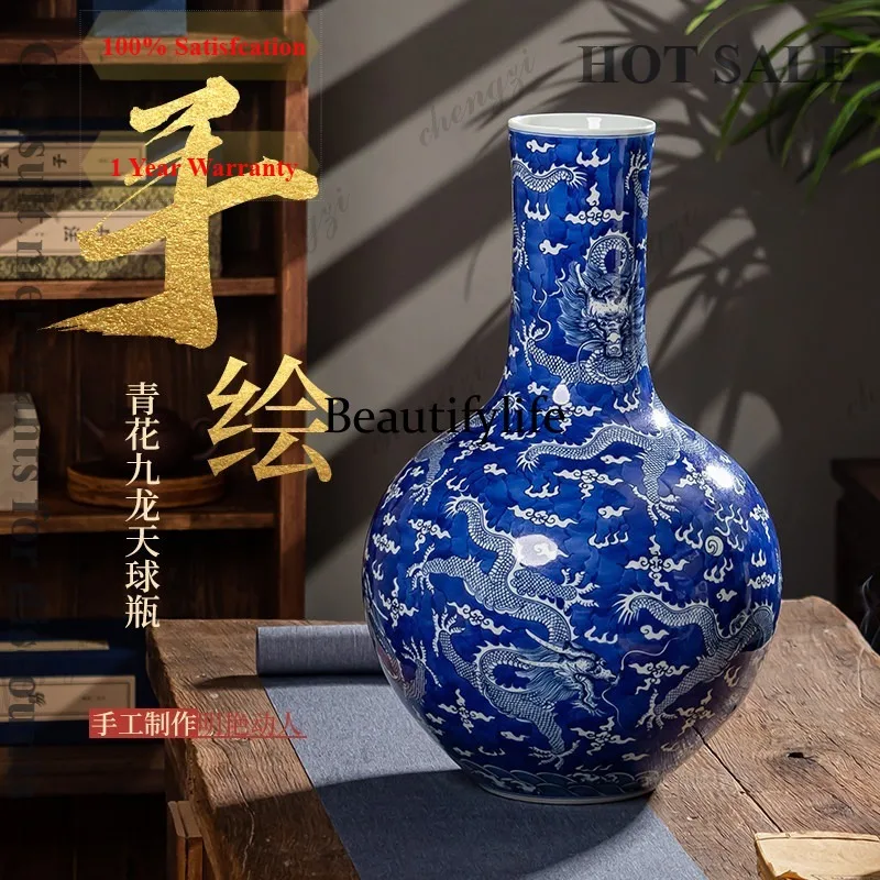 Ceramic hand-painted Kowloon celestial ball bottle large vase in the living room TV cabinet entrance decoration antique ornament