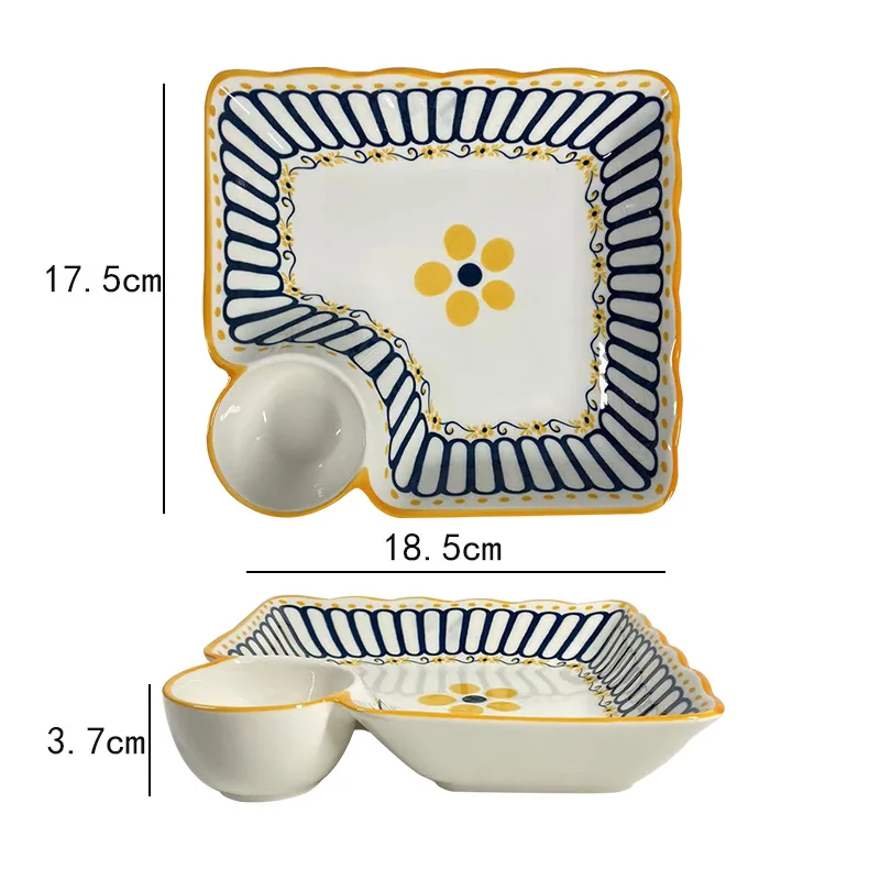 

LH New Chinese Simple Dumpling Plate Belt Vinegar Plate Ceramic Square Multi-purpose Grid Dipping Plate