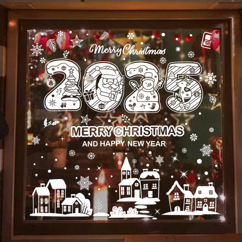 2024 Christmas Window Stickers Santa Claus Xmas Tree Cartoon Static Glass Decals Merry Christmas New Year 2025 Home Decorations