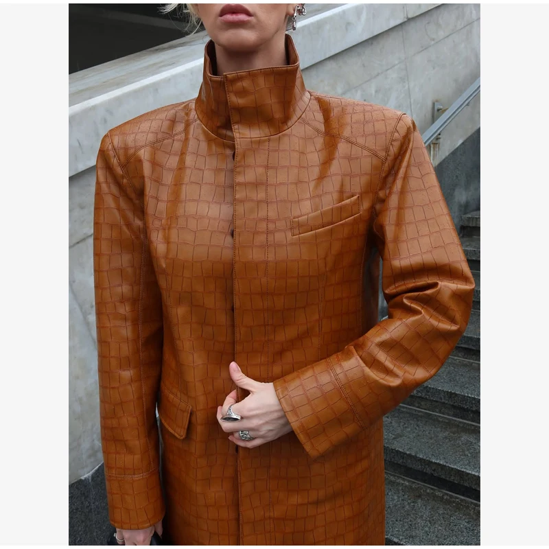 Crocodile Embossed Faux Leather Long Jackets Chic Wide Lapel Belted Waist Quarter Sleeve Loose Coat Women Street Chic Outfits