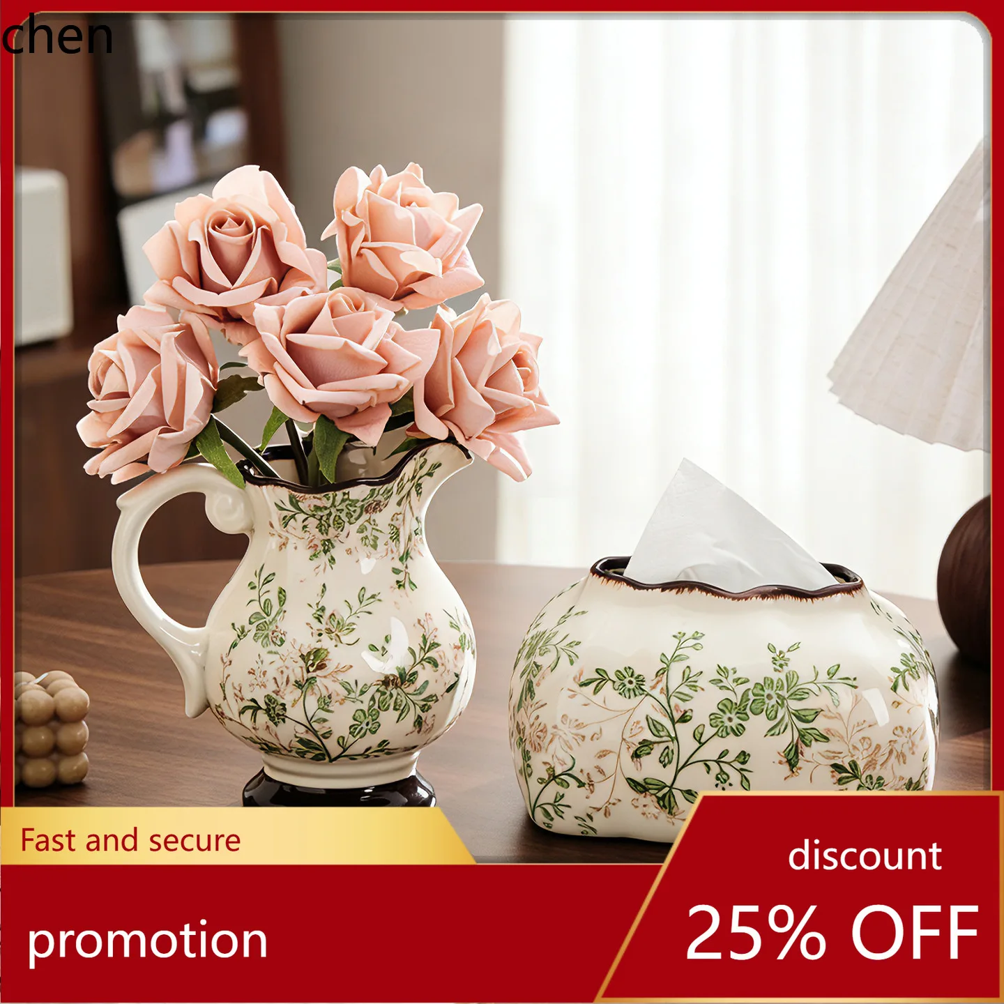 

YFY tissue box ceramic floral retro ornament vase artwork new chinese style coffee table living room tissue box soft decoration