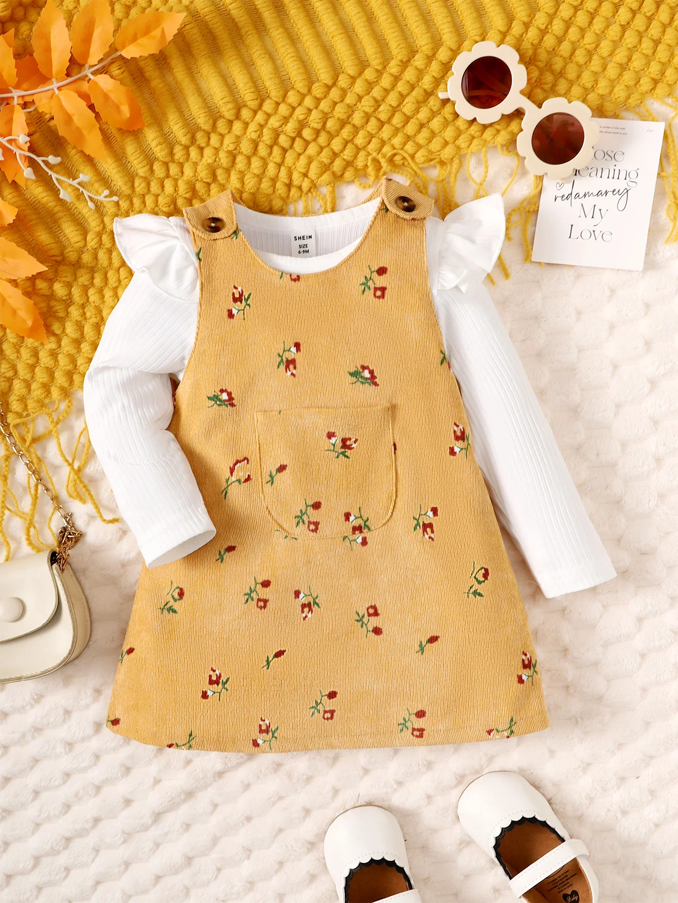 Spring And Autumn Girls Baby Long Sleeve Personality Round Neck Blouse Flower Print Pocket Yellow Sleeveless Dress Set