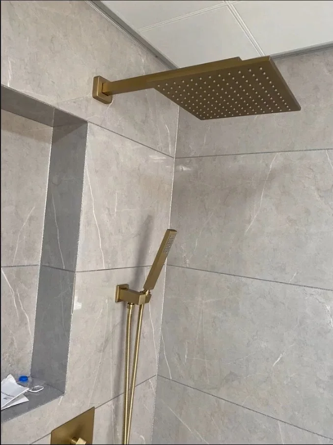 

MTTUZK Brass Brushed Gold Square Rain Shower Set Faucet Wall Mounted Shower Arm Diverter Mixer Tap Handheld Spray Set