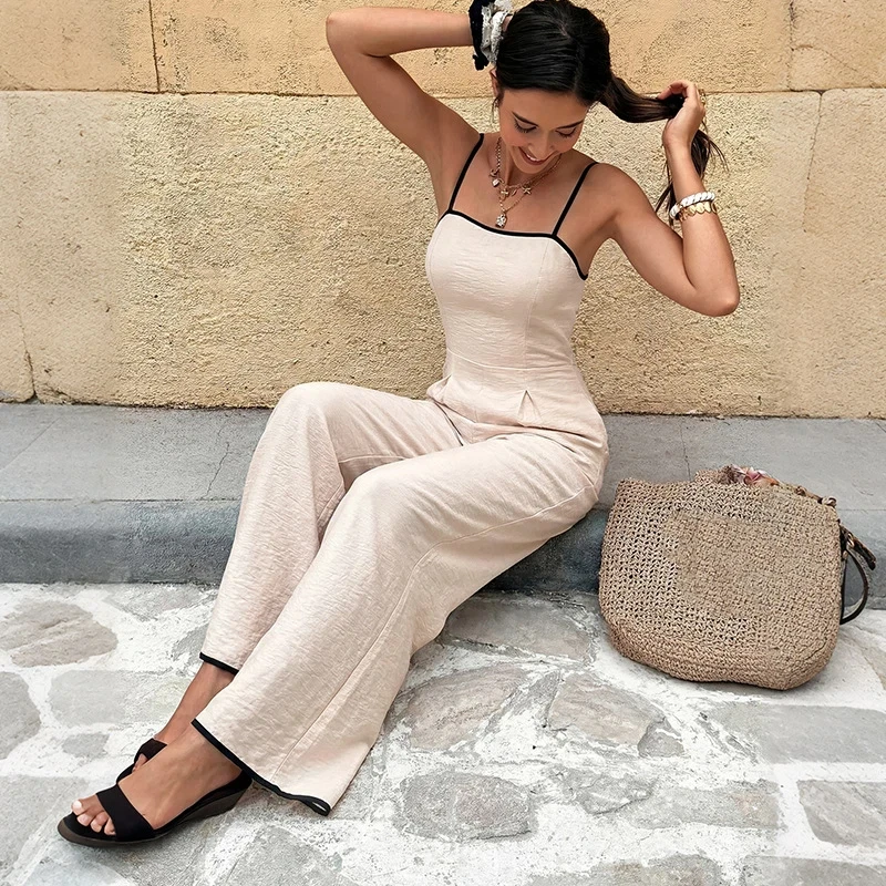 Women Contrast Trim Spaghetti Strap High Waist Wide Leg Jumpsuit Summer Beach Vacation Linen Romper S XL