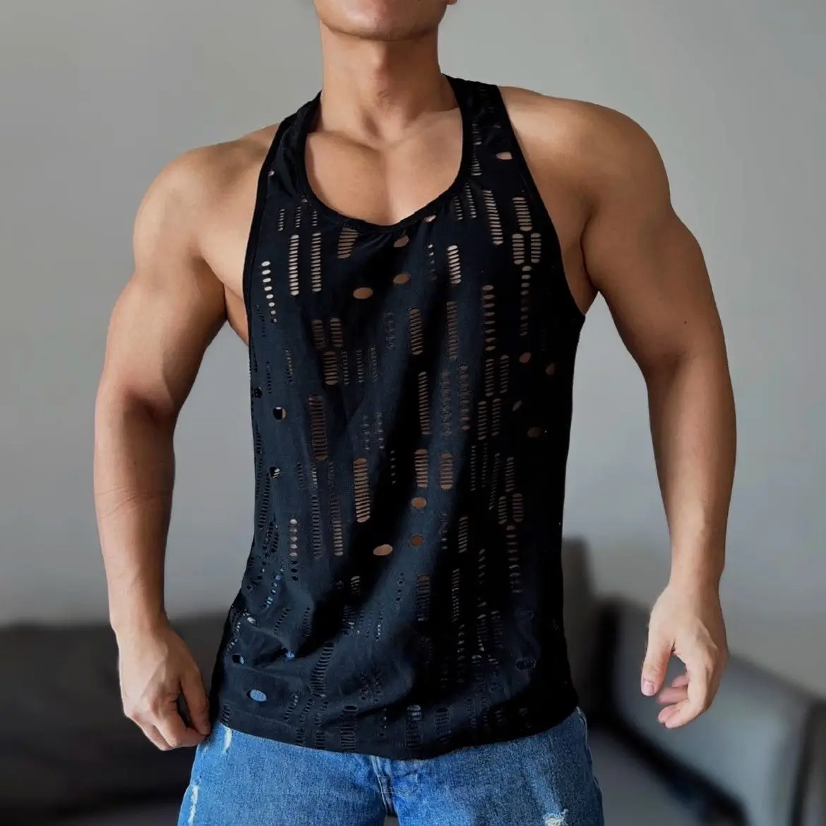 

Foufurieux Hollow Hole Tank Top Men Tops Sleeveless T-shirt for Men Summer Sport Fitness Muscular Slim Fit Lightweight Black Top
