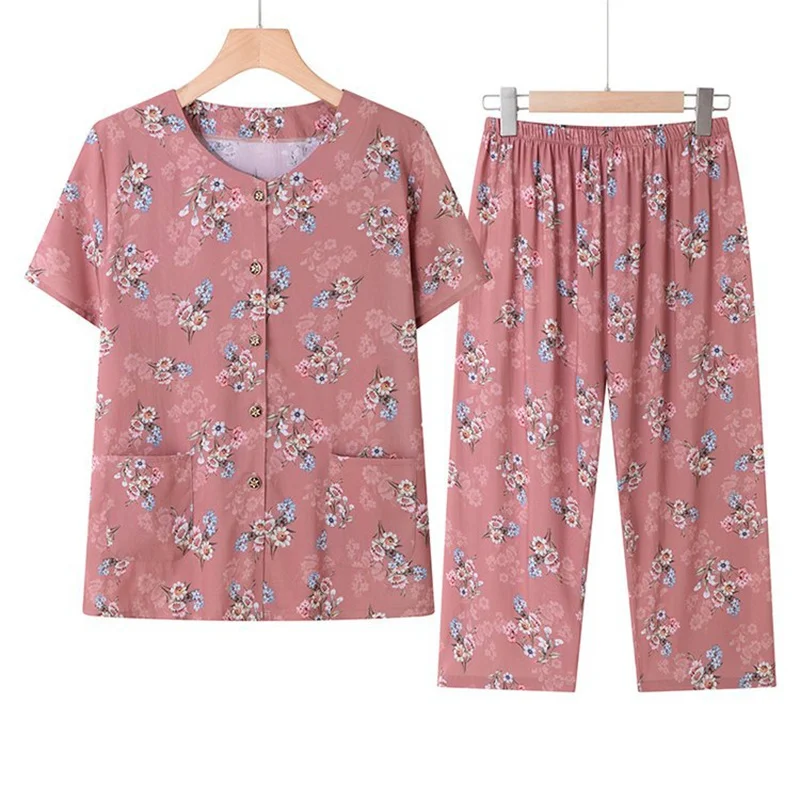 XL-5XL Short Sleeve Capri Pants Suit New Middle Aged Mother Pajamas Cotton Rayon Sleepwear Pyjamas Women Night Two Piece Set