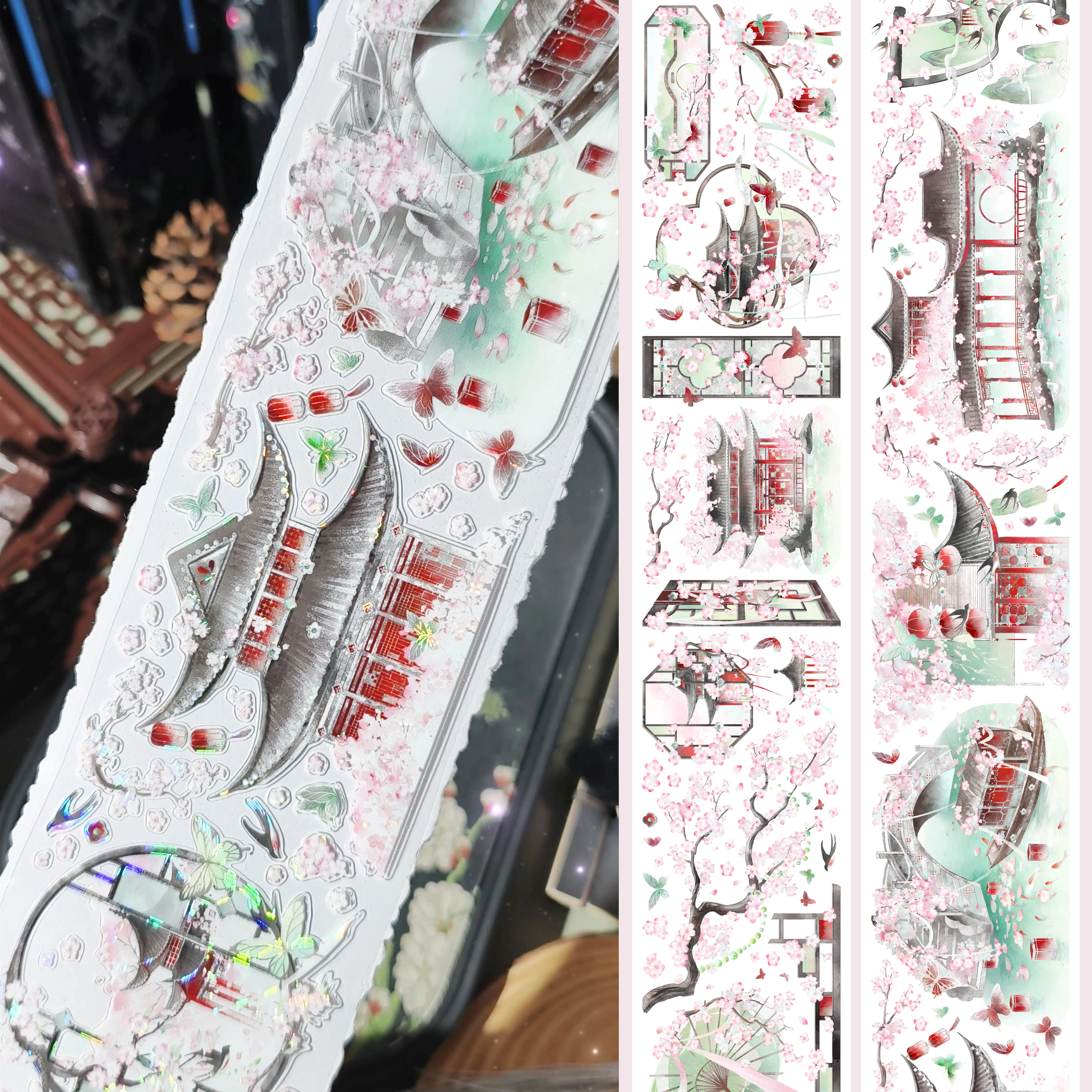 Fang Ying Yi Lou Chinese Style Shell Glitter PET Tape, Pre-cut Bobo Fish Sticker for Journal Scrapbooking DIY Craft Decor
