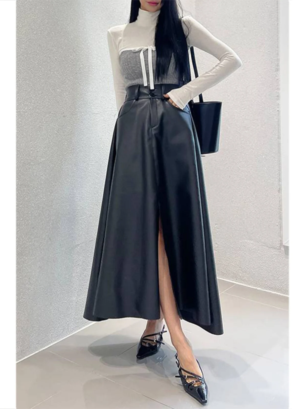 

Женская асимметричная кожаная юбка с высокой талией, новая осенне-зимняя модель, плиссированная длинная юбка-трапеция для повседневной носки, с защитой от просвечивания