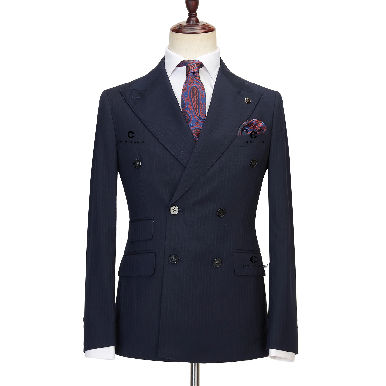Cenne Des Graoom 2024 trajes de hombre a rayas azules y negras con doble botonadura, conjunto de 2 piezas hecho a medida, chaqueta, pantalones, reuniones de negocios, boda