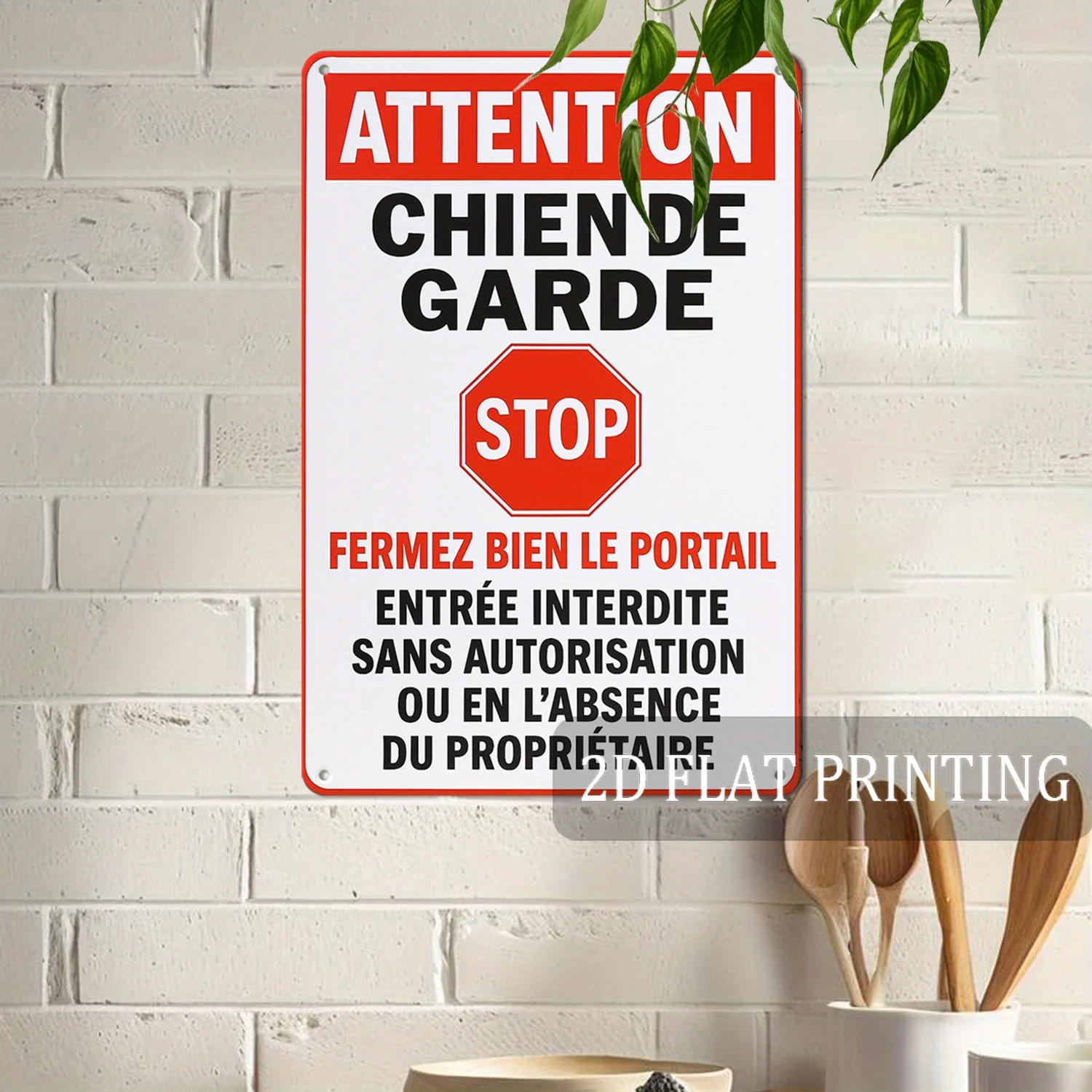French Security Warning Sign - Heavy-Duty Iron Dog Guard Alarm System Marker with STOP Symbol & 