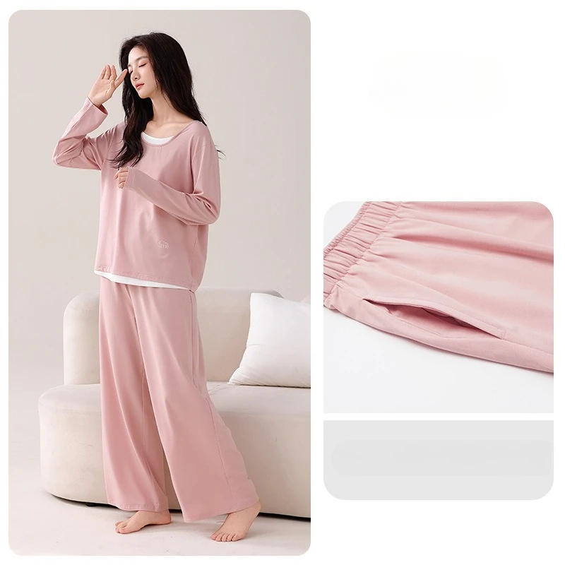 Primavera e outono feminino modal fino manga comprida novo casual pulôver de duas peças conjunto de terno para casa com almofada no peito pijamas