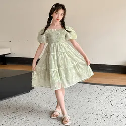 2025 Summer hollow Dresses green kid baby party mesh princess Girls pleated lace Floral Teenager dress 4 5 6 8 to 10 12 14 Years