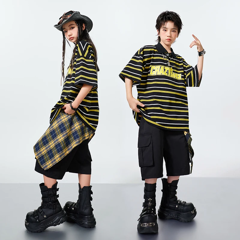 Camiseta a rayas de Hip Hop para niños, pantalones cortos Cargo, ropa de baile callejero para niñas, disfraces de K-pop, conjuntos de ropa, ropa de calle de Jazz para niños