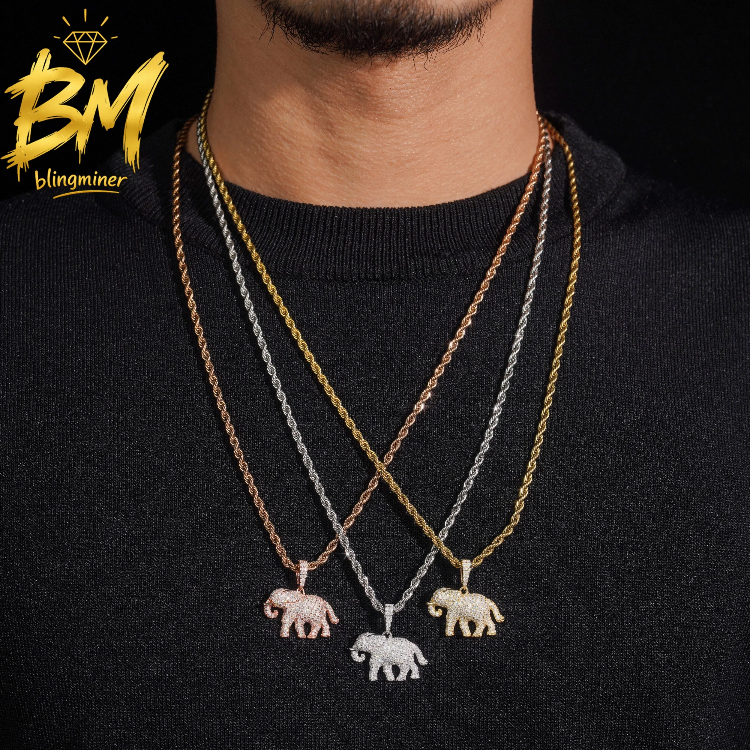 Blingminer New Arrivals Elephant S925 Silver VVS Moissanite Pendant For Men Women Pendants Jewelry Pass Diamonds Tester GRA