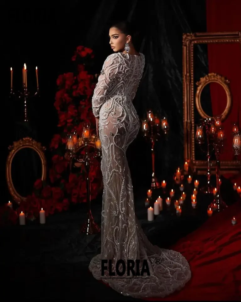 Gorgeous Major ไข่มุกคริสตัล Mermaid ชุดราตรีชุดราตรี Sheer Beaded ความยาวชั้นดูผ่านชุดราตรี2023 Robe De Soirée