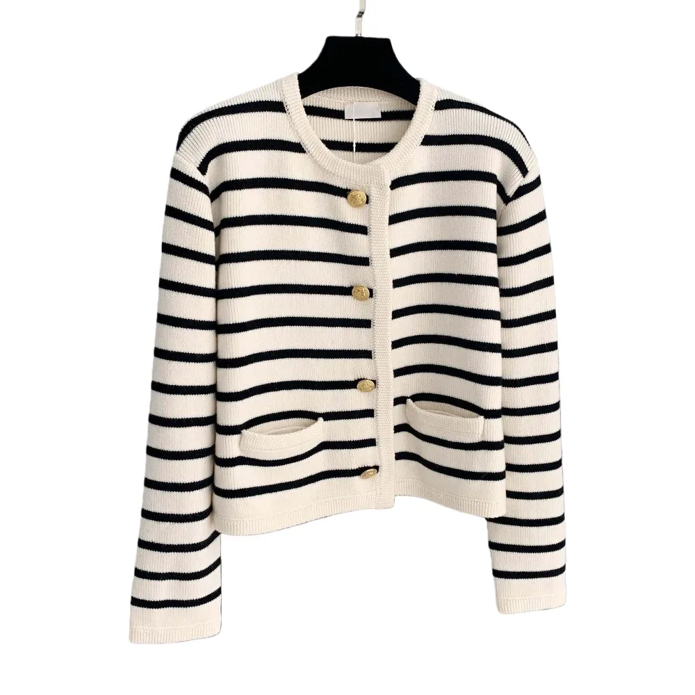 

Long Sleeve Striped Cardigan Shirt Sweaters Preppy Style Round Neck Striped Knitwear Single Breasted Ladies Short Tops