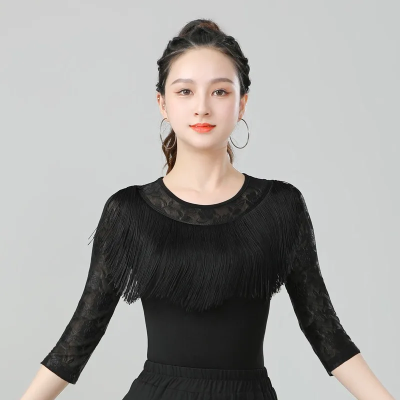 Abito da ballo latino standard nazionale personalizzato per donne adulte Abbigliamento da ballo moderno con nappe e top da allenamento a maniche lunghe nero